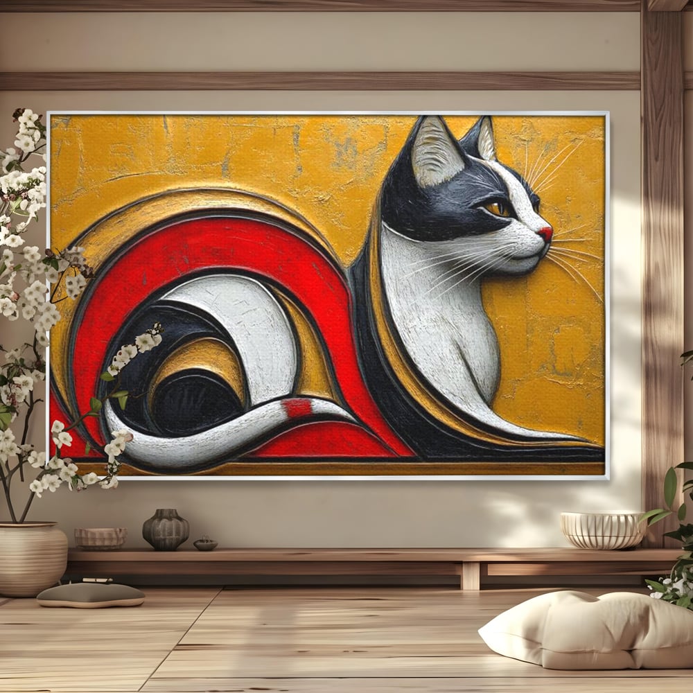 Tablou canvas cu tablou canvas cu pisica stilizata in profil, in rama de aluminiu argintiu